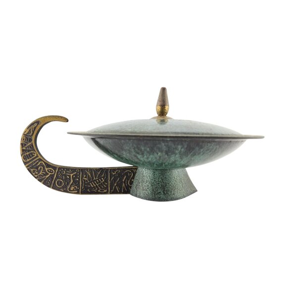 Vintage Judaica Israel Brass & Verdigris Enamel Lidded Nut Dish w/ Handle